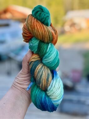 Hand-Painted Multicolor Wool Skein in Teal, Turquoise & Orange